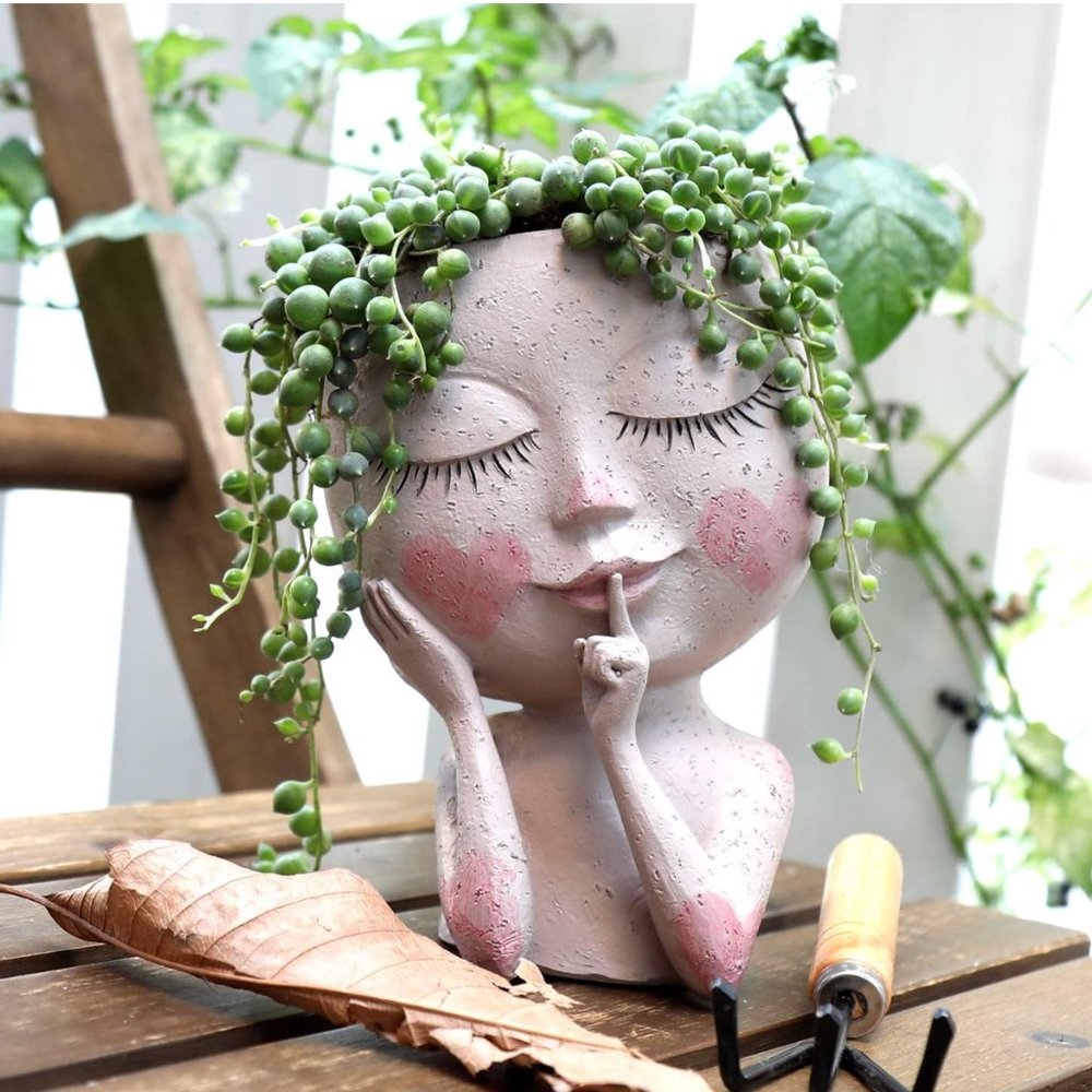 Charming Lady Face Planter: Unique Indoor/Outdoor Resin Flower Pot with Drainage